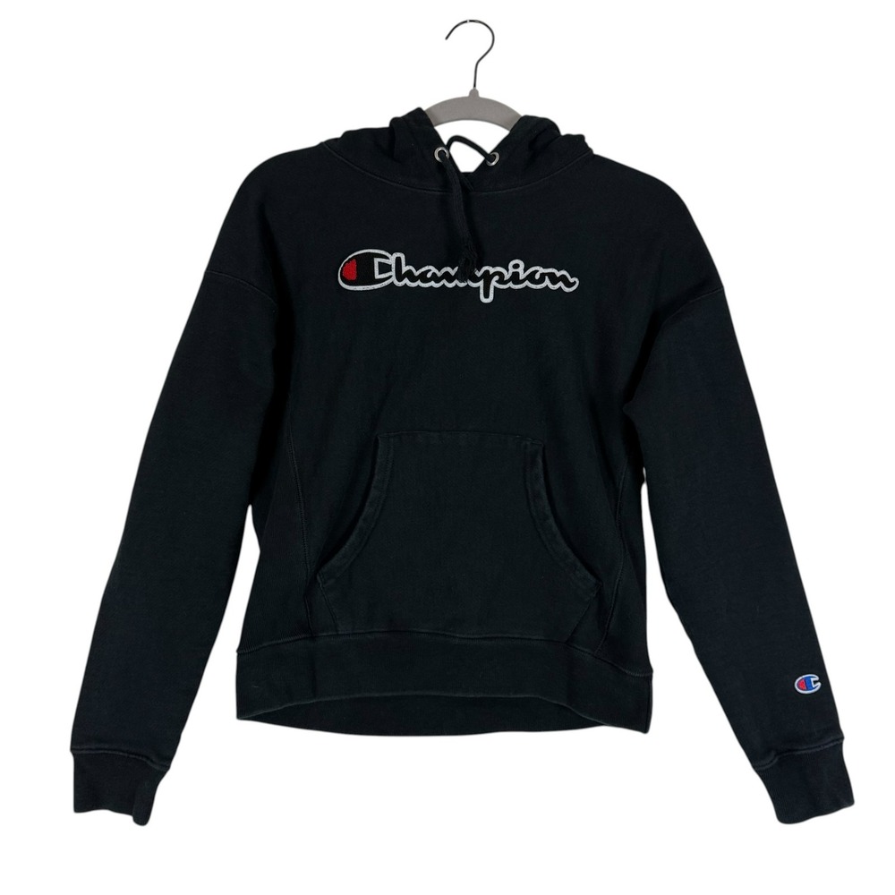 Champion Hoodie Mens Small Black Pullover Reverse Weave Fleece Logo Kangaroo